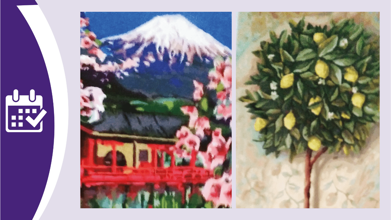 This photo shows two of Warren's paintings. On the left is a distant mountain, with a red structure in the foreground and framed by pink blossoms. On the right is a fruitful lemon tree against a background of leafy wallpaper.
