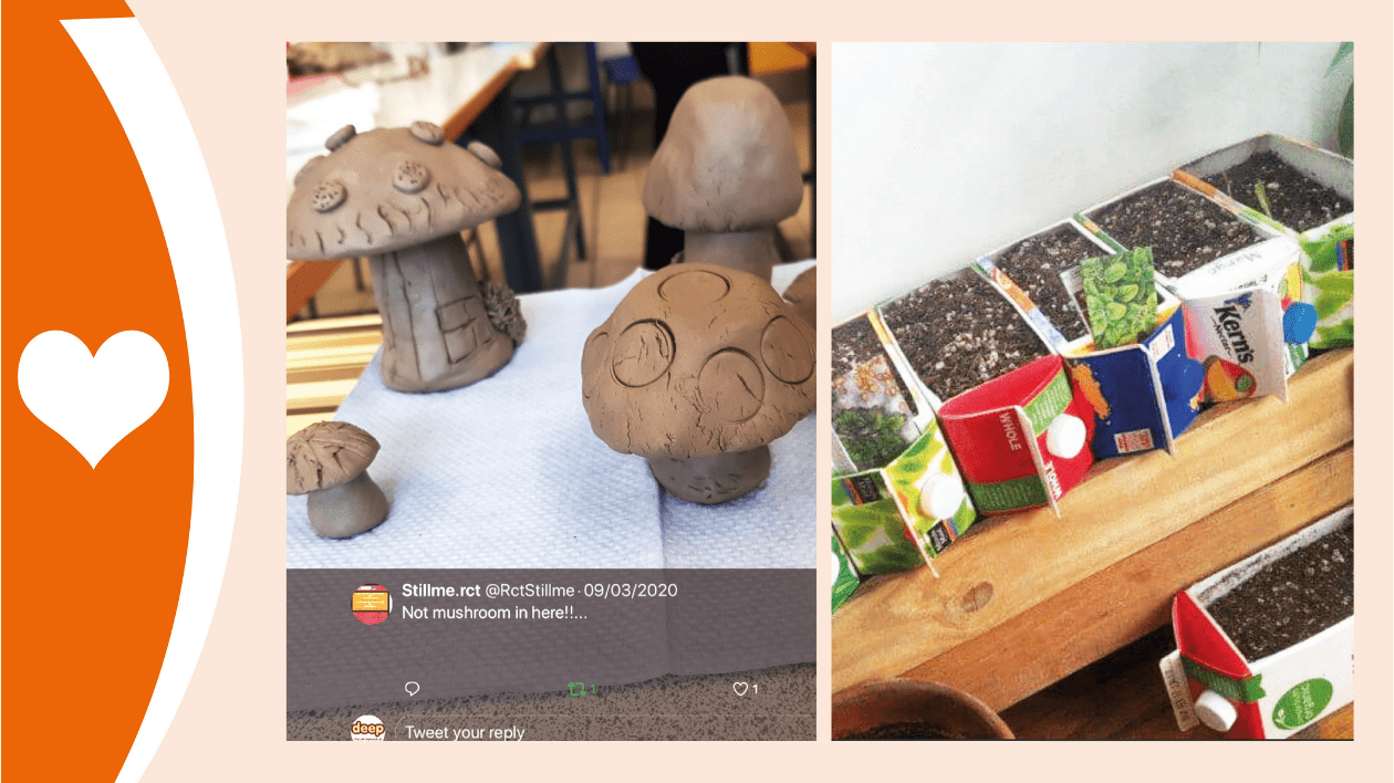 This shows 2 photos. On the left is a picture of mushrooms crafted out of brown clay. On the right is a series of newly-planted seedlings. They use recycled fruit juice or milk containers as plant pots!