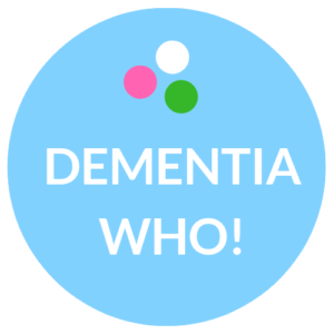 Dementia Who!'s logo. A blue circle with the text in white. At the top are three small circles in white, green and pink.